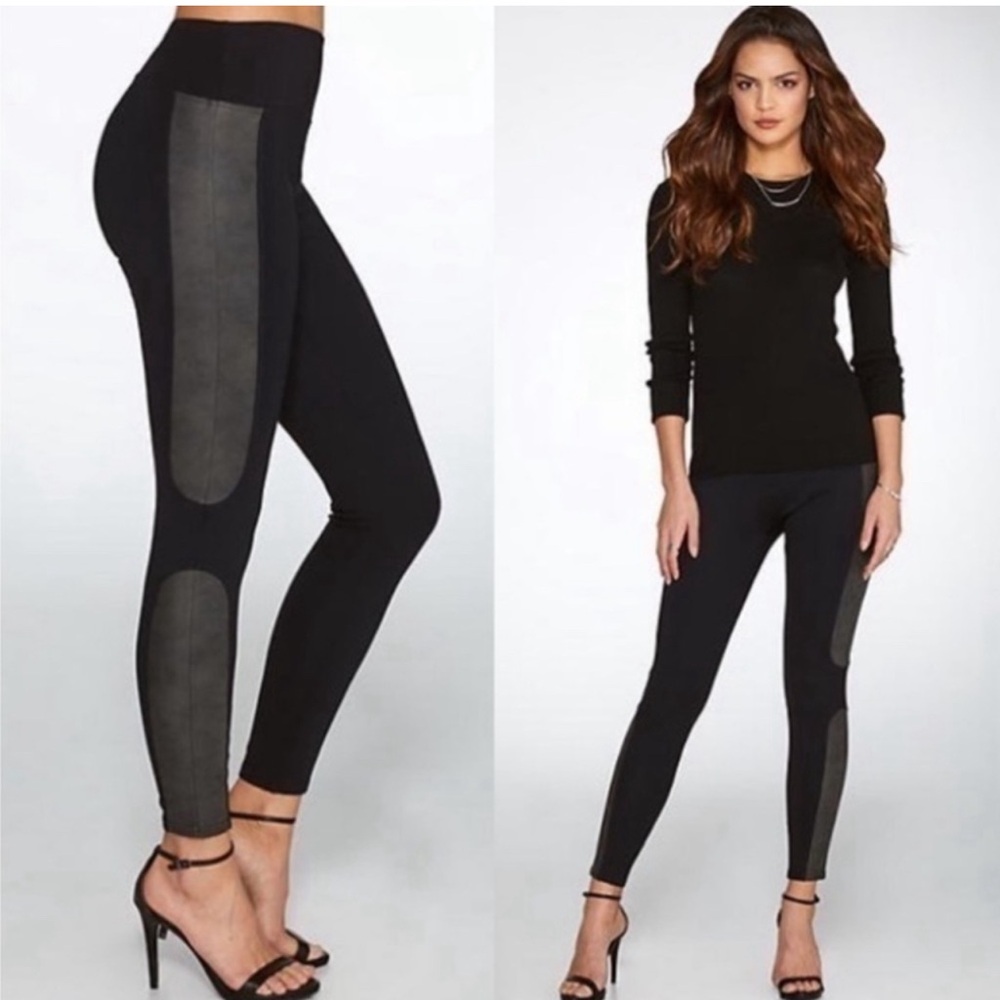 SPANX Faux Leather Panel Ponte Leggings Black | size Medium